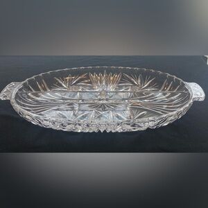 Vintage Oval Pinwheel Cut Crystal 3-section Serving Tray with handles; EUC